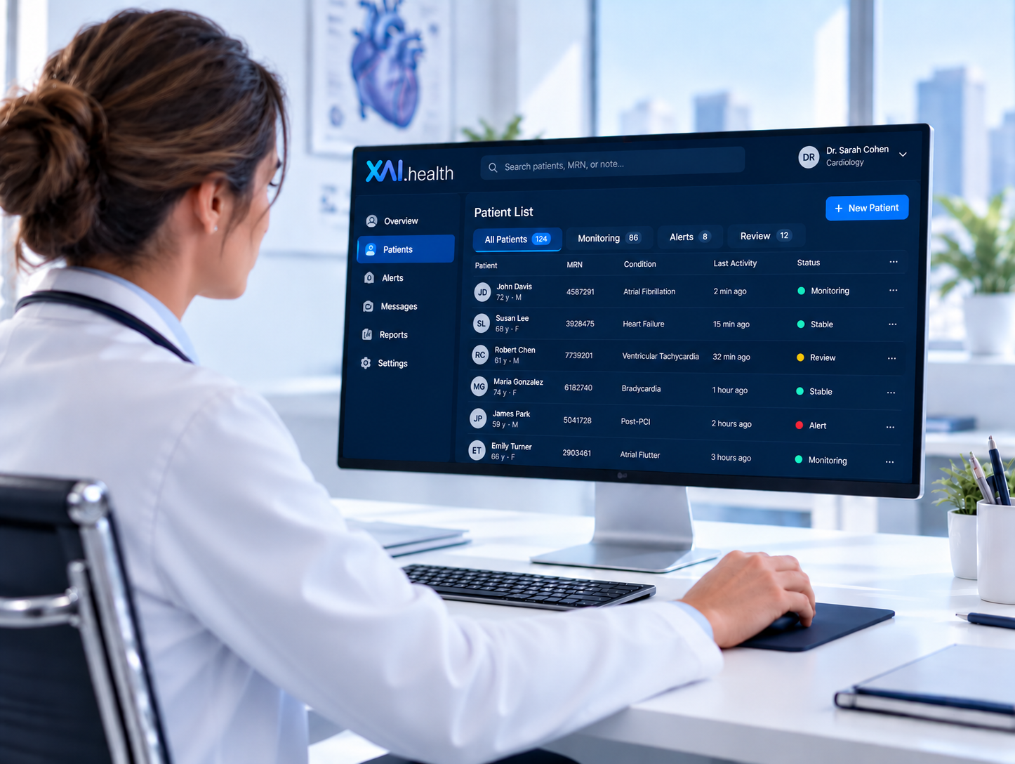 Clinician reviewing a patient monitoring dashboard on XAI.health