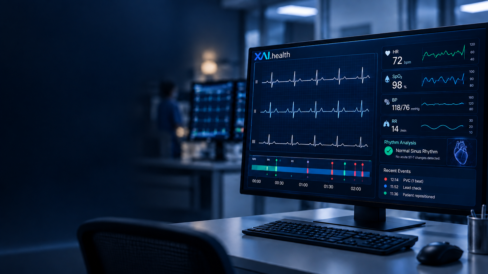 Cardiac monitoring station showing rhythm analysis and vitals